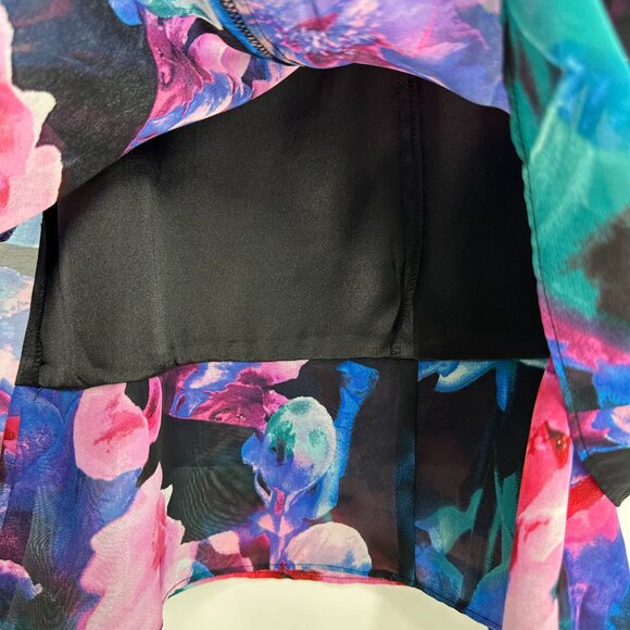 Tahari Abstract Floral Cocktail Dress 4 RuffleTrim Sleeveless Swing Black Pink - Picture 10 of 12